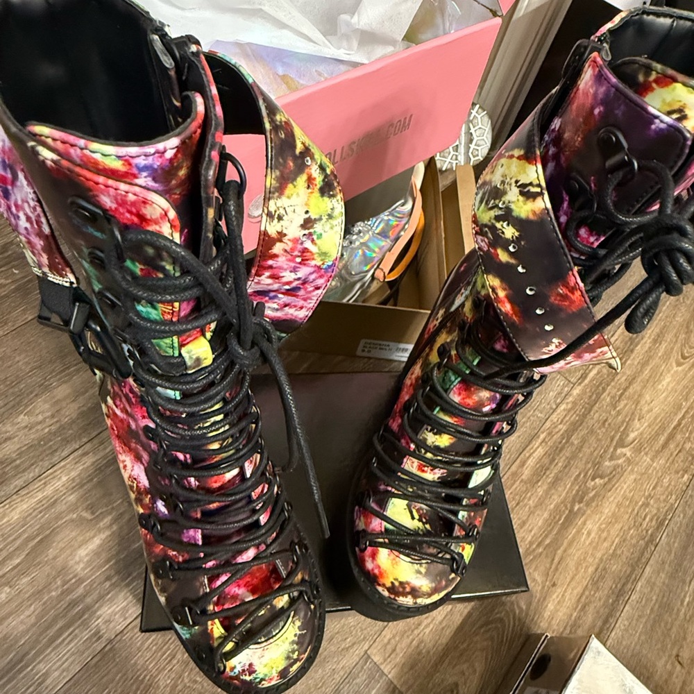 Dolls Kill Red and Yellow Lace Up Boots